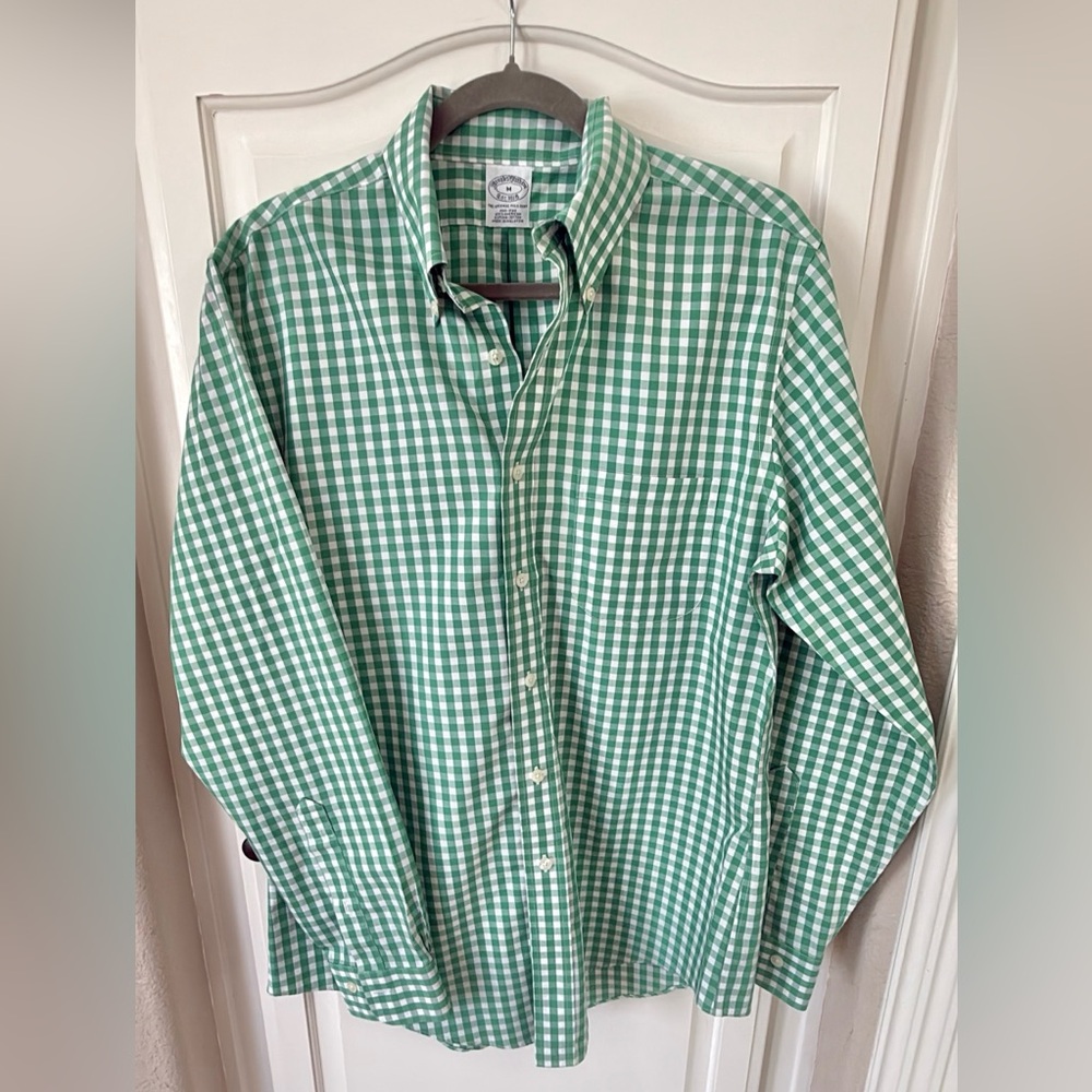 Men’s Brooks Brothers The Original Polo green white check button down shirt M